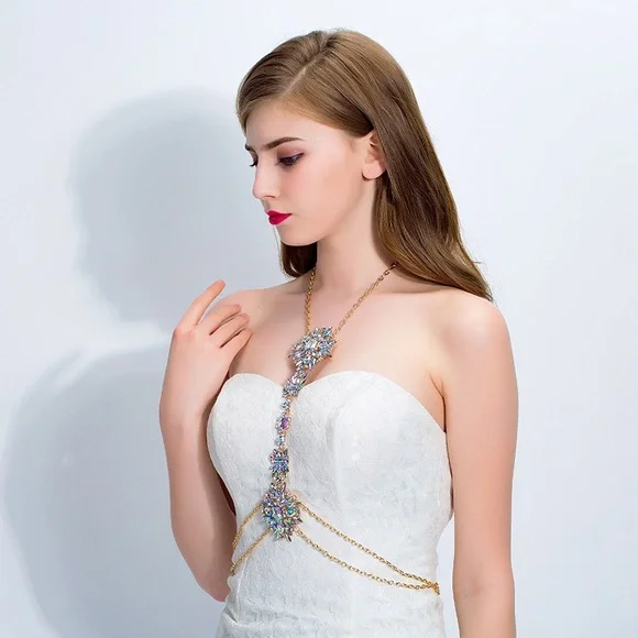 Boho Long Crystal Rhinestone Body Necklace Harness - Picture 6 of 16